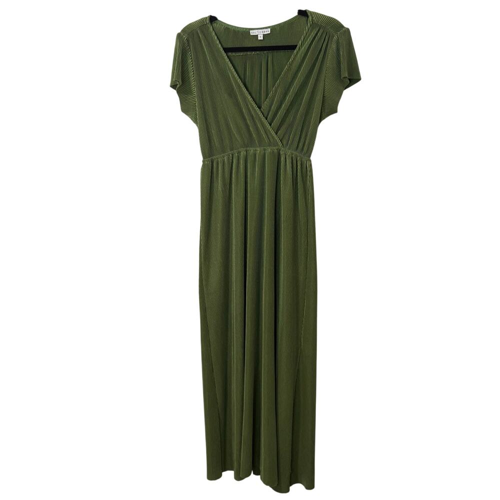 Baltic‎ Born Women's Athena Maxi Dress Pleated Green Short Sleeve V Neck Small